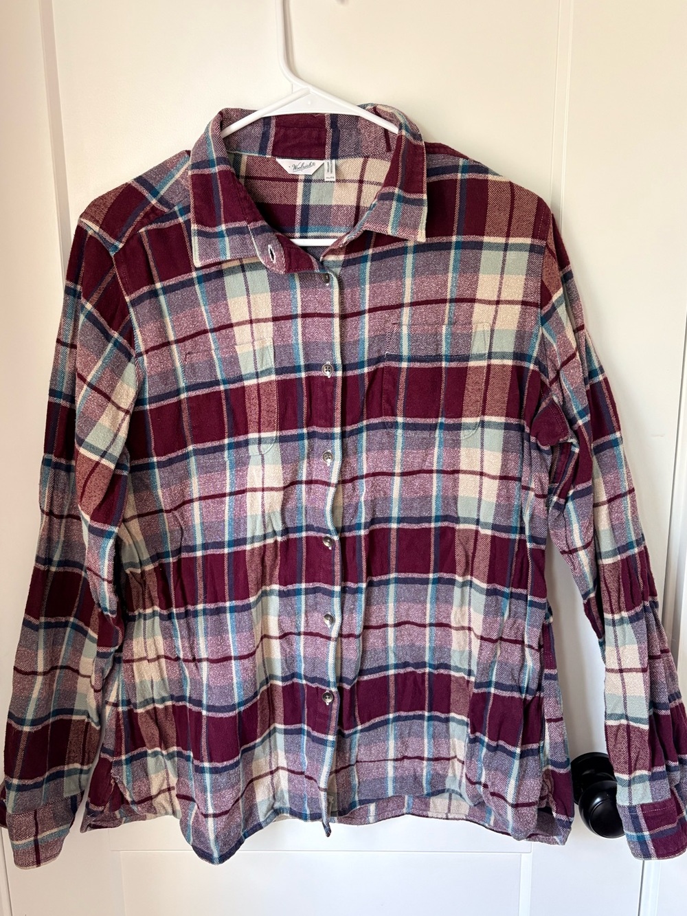 Woolrich Women’s Plaid Flannel Button Down Shirt, Burgundy, Blue, Cream